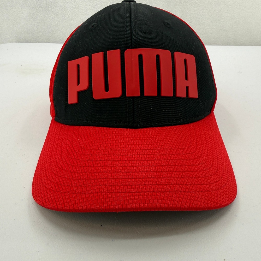 Puma Snapback Hat Mens OSFA Red Black Rubber Logo Baseball Cap‎ Adjustable